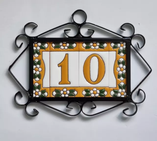 7.5 x 3.5cm Spanish Ceramic Yellow Floral Number Address Tiles & Metal Frames