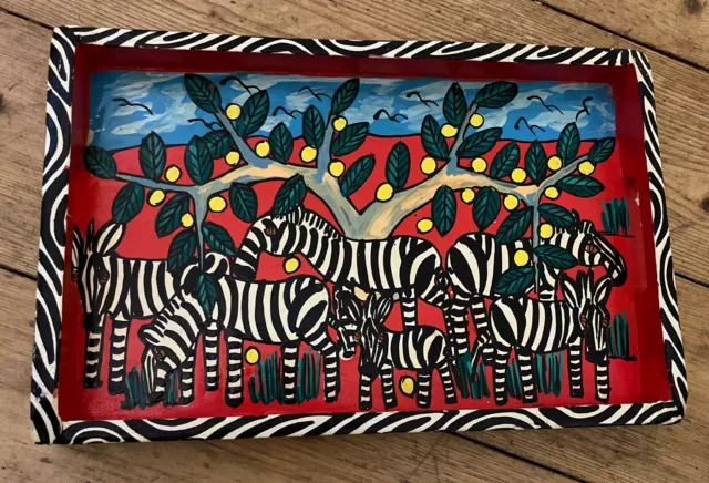 South African Artist Hand Painted Kruger National Park Zebras Wooden Tray - VGC