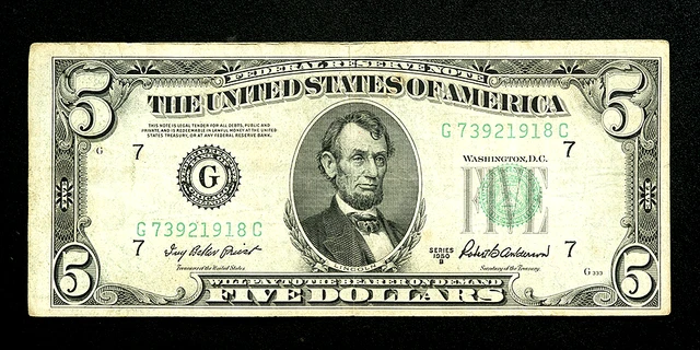 1950 G $5 Five Dollar Bill Federal Reserve Note Chicago Old Vintage Currency