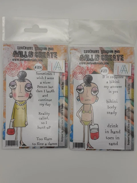 Juegos de estampillas transparentes con vara Aall & Create Miss Dee Janet Klein #701 y #704 artesanales A7