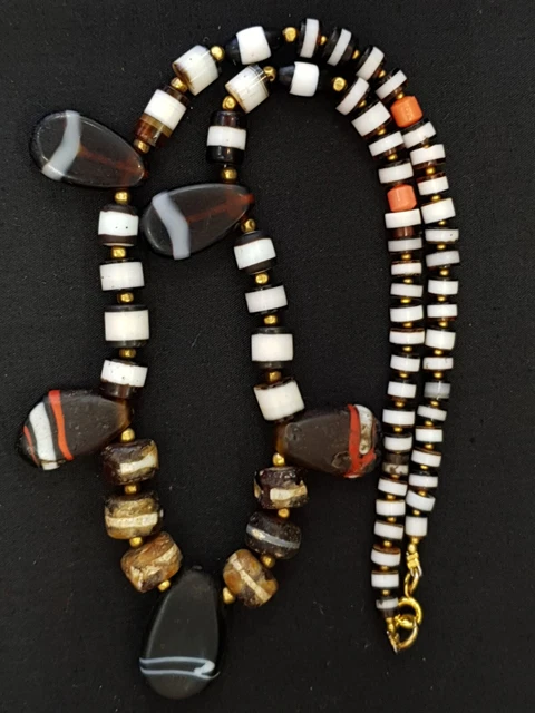Ancient Old Banded Agate and glass Antique YEMEN Beads Necklace