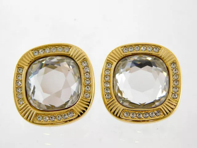 Vintage Swarovski Tono Dorado Metal Y Blanco Estrás Pendientes de Clip 2.5cm