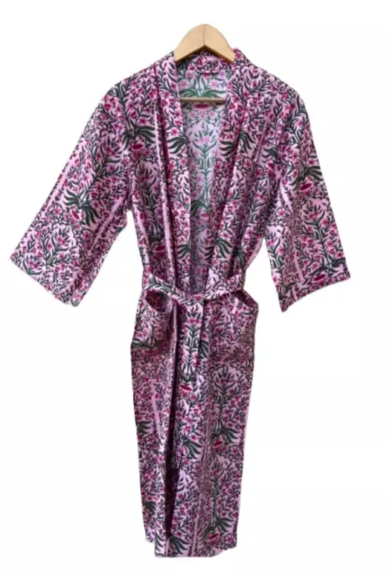 Indio bloque de mano largo kimono estampado floral algodón nuevo multicolor...