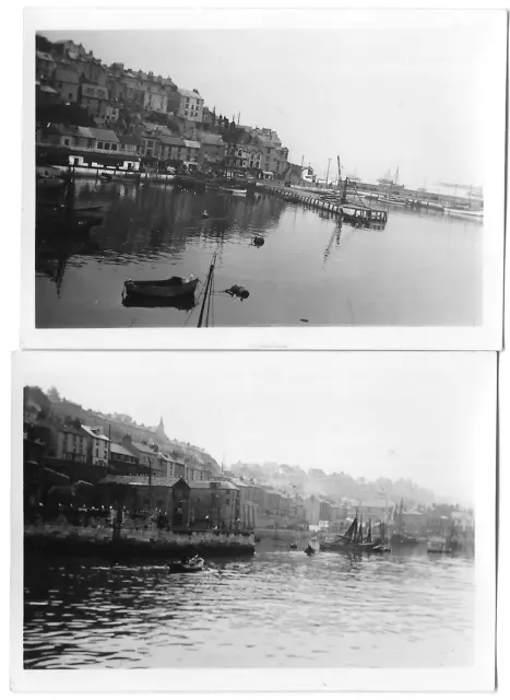 Vintage Photos Devon Brixham Harbour Ships Row Boats Town View Lot x2 1936