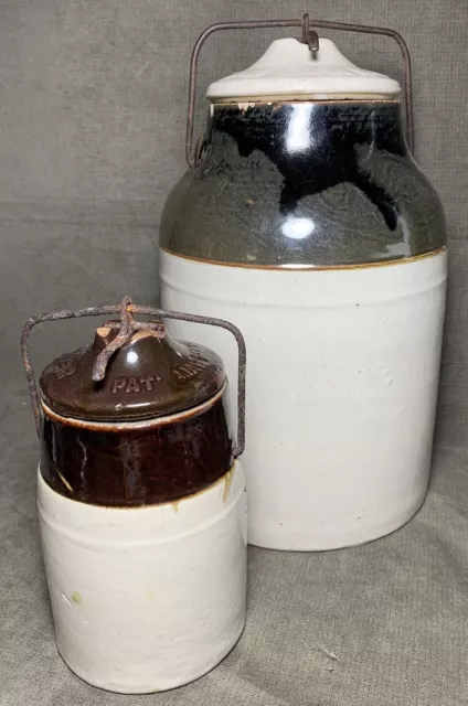 2 Antique The Weir Crock Stoneware Canning Jars w/ Lids March 1st, 1892 Lg Sm