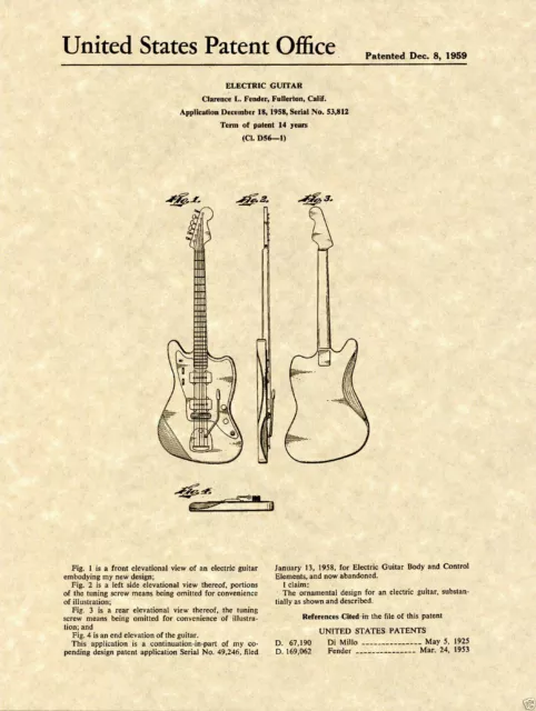 FENDER JAZZMASTER US PATENT Art Print guitar READY TO FRAME 1955 Clarence Jazz