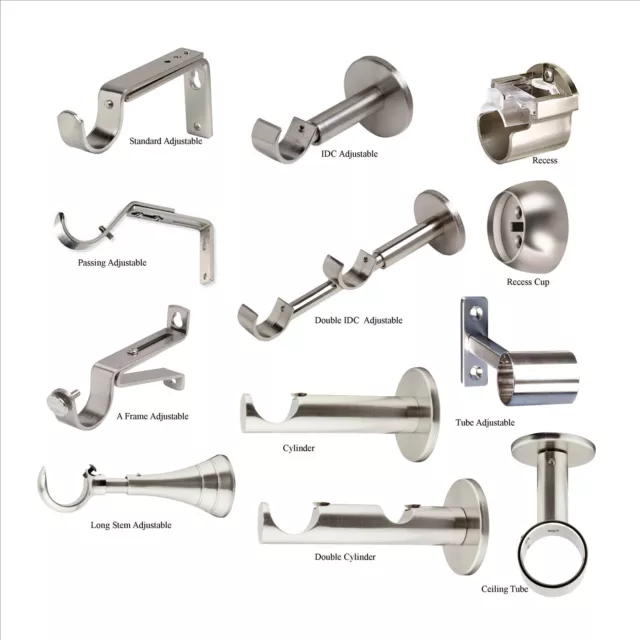 Curtain Pole Brackets, Satin Steel, fit 28mm Diameter Poles, Various Styles