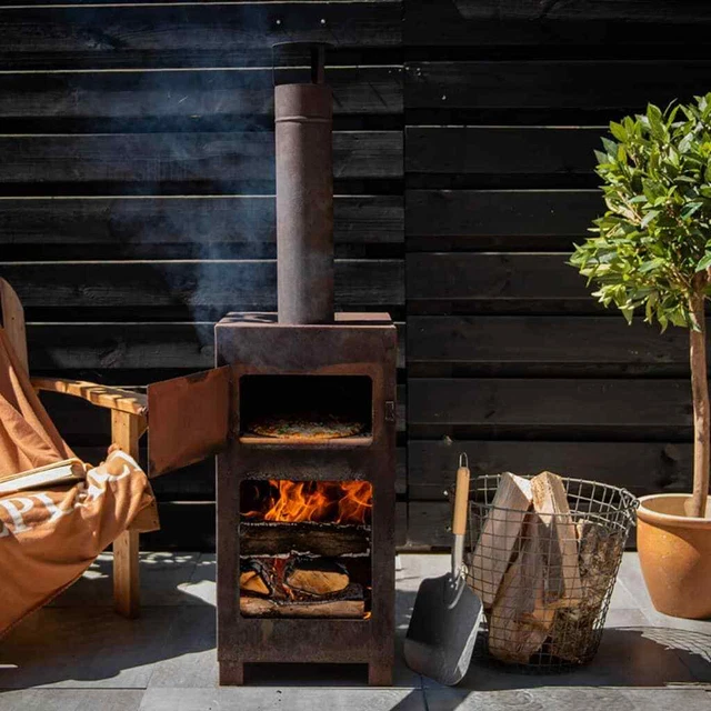 Esschert Design Terrassenofen mit Pizzaofen Gartenofen Kamin Schwarz/Braun Essch