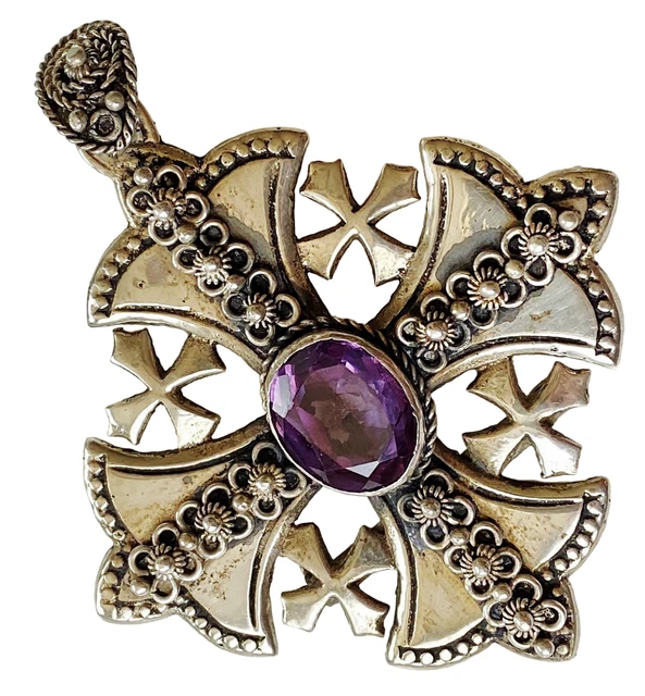 Large 900 Sterling Silver Jerusalem Maltese Crusader Cross Amethyst Pendant L1