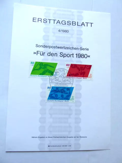 Ersttagsblatt ETB Berlin 1980: Nr. 4 "Für den Sport 1980", Erstausgabestempel