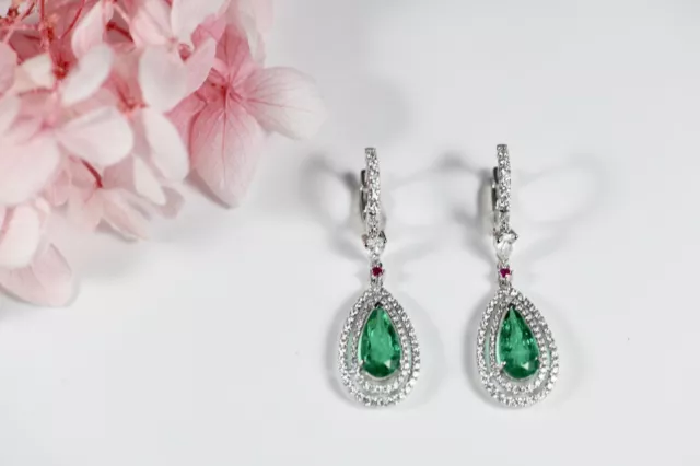 Colombia Emerald Diamond Encrusted 18K White Gold Earrings 3