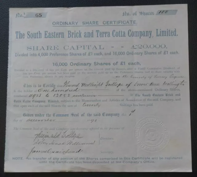 South Eastern Brick & Terra Cotta Co. Ltd. certificate for 100 shares dated 1898