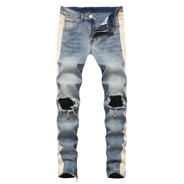 Men's Urban Blue Stretch Denim Jeans Ankle Zippers Ripped Pants Size XL 36 x 31"