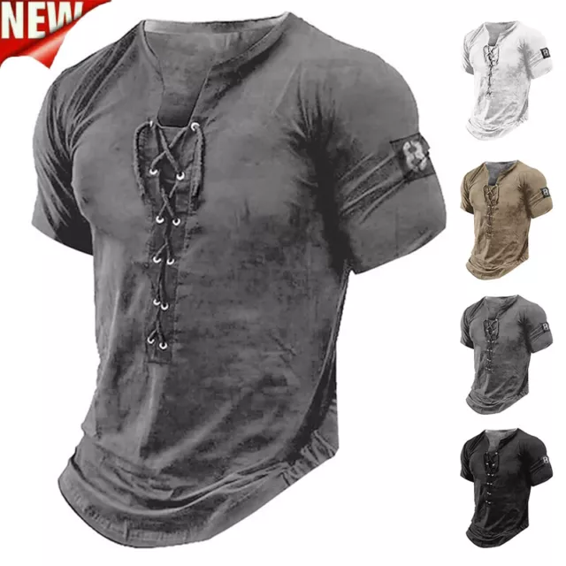 Mens Lace Up Muscle Slim Fit T-Shirt Short Sleeve Gym Sport Fitness Tee Tops  ☆