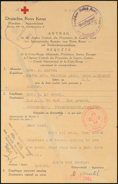 12114) Rotkreuz-Nachrichten Brief 5.7.43 Guernsey nach England Antwort 13.12.41