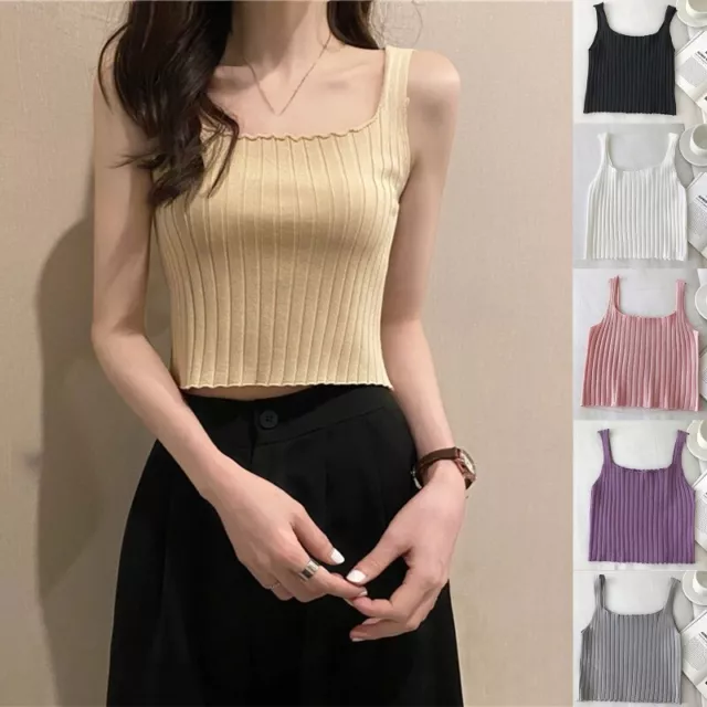 Women Thin Ice Silk Ribbed Knit for Top Solid Color Lettuce Trim Slim Cami