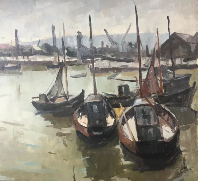 Tableau Piet VOLCKAERT (1902-1973) HST Bateaux à quai avec grue Marine urbaine 2