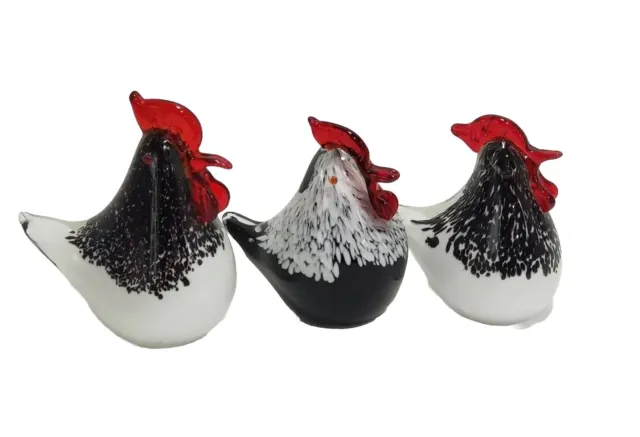 3 Hand Blown Art Glass Rooster Figurine Red Black White Speckled Paperweight