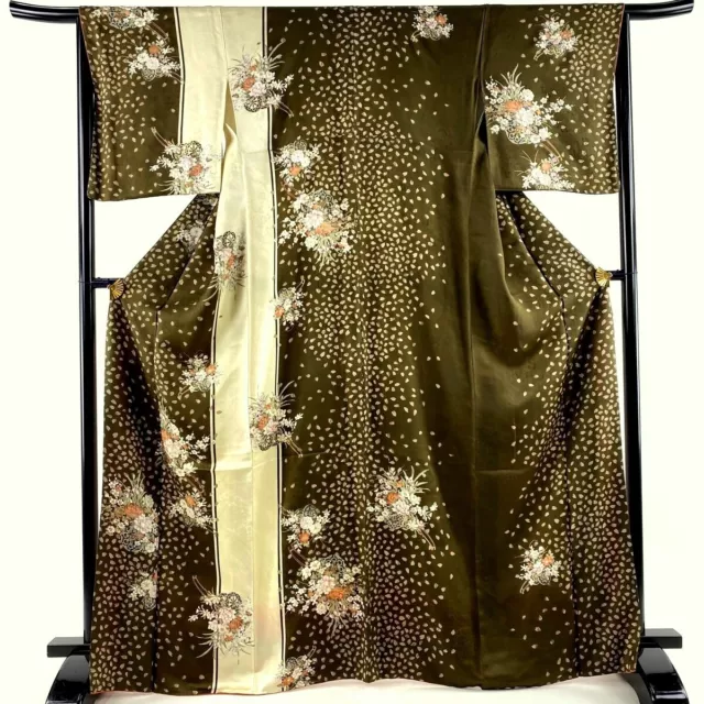Japanese kimono  "TUKESAGE" Gold leaf, Rowel, Petals,Dark brown,White,5' 6".3115