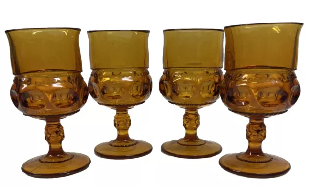 Vtg Indiana Amber Glass Kings Crown  Thumbprint  Drinking Footed Goblets Set/4