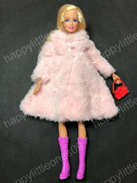 3pc set Barbie Doll Pink Fur Coat Outfit Clothes Jacket&Boots&Handbag Winter New