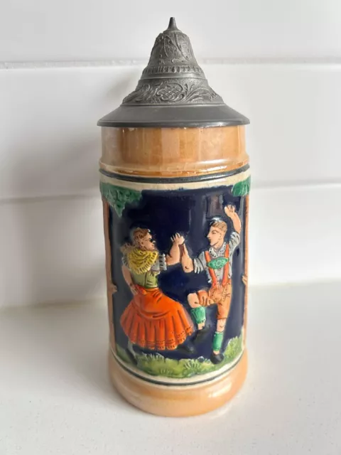 German Beer Stein Dancing Scene With Metal Lid