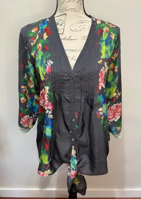 Johnny Was Gray Button Down Blouse Silk Floral Green Embroidered Sleeves M