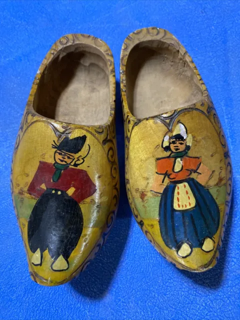 Painted Dutch Wooden Shoes Clogs Holland Man & Woman Wood Hand Carved Vintage