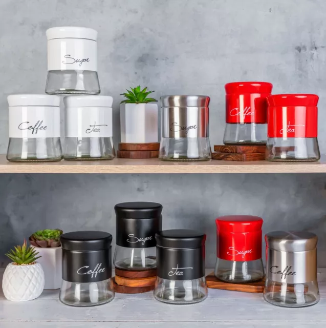 Modern Style Glass Storage Canisters Coffee, Tea and Sugar RED