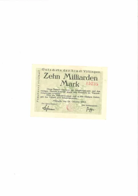 Rupertus 328.13a Notgeldschein Stadt Villingen 10 Mrd Mk 24.10.1923 nicht entw.