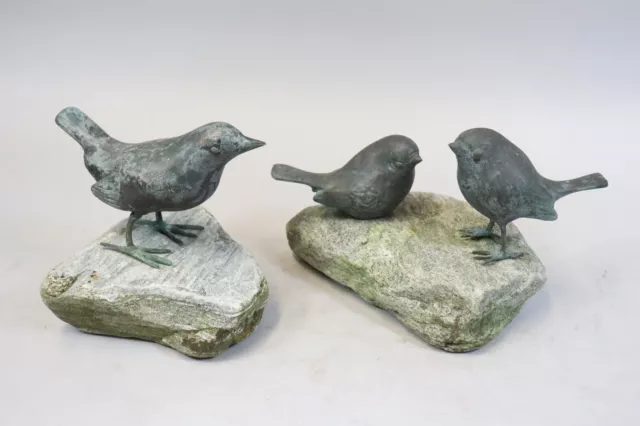 2x Gartenfigur Vögel Bronze auf Naturstein  (FQ951)