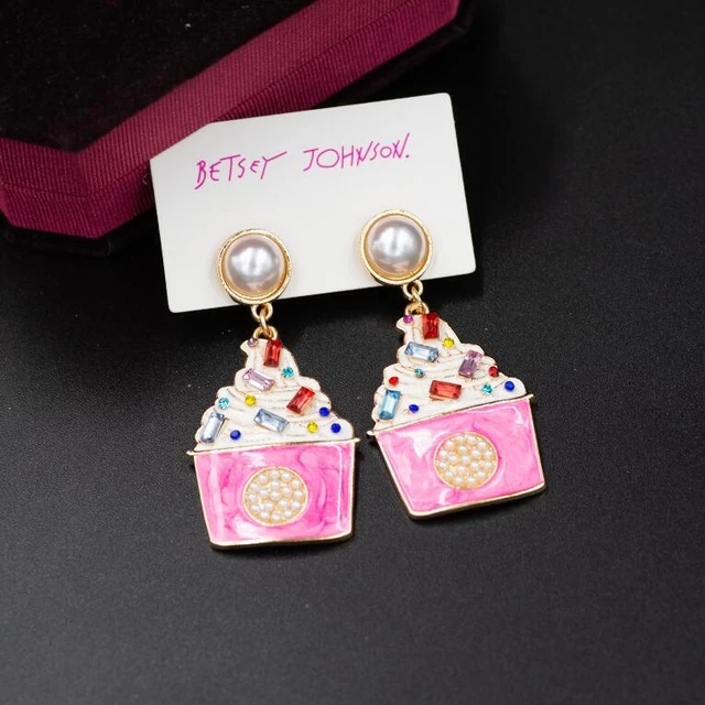 Betsey Johnson Pink Rhinestone glaze Pearl ice cream drop earrings Fashion Jewel