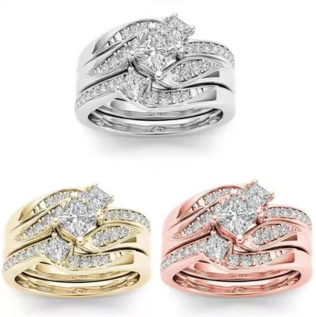 Women Trend Simulated Diamond Ring Micro Set Zircon Trio Engagement Party Rings