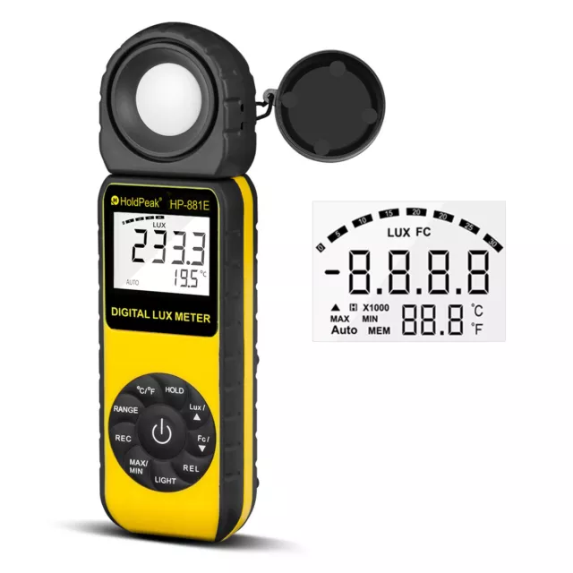 Light Meter LCD Lux Illuminometer Luminometer 300,000Lux Temp Detector Handheld