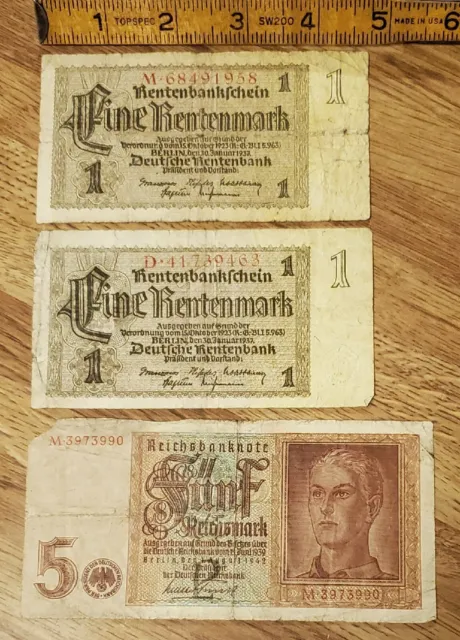 (3) Vtg GERMAN BANKNOTE LOT~1937 Rentenmark-1942 WWII Reichsmark Dollar Bills