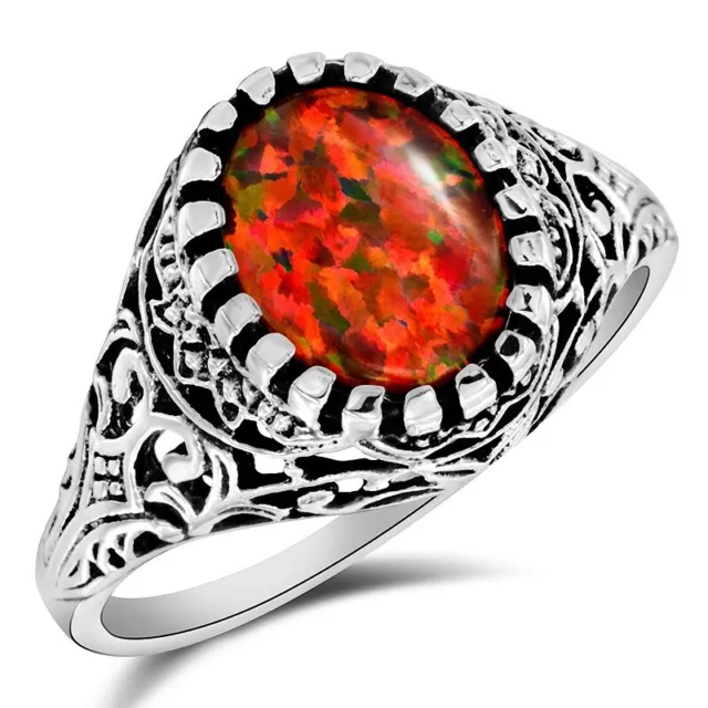 2CT Natural Red Fire Opal 925 Solid Sterling Silver Filigree Ring Sz 6 FS1