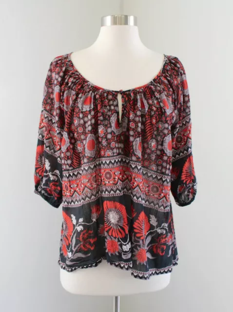 Joie Red Orange Floral Print Peasant Top Blouse Sz XS Black Ornate Keyhole Boho