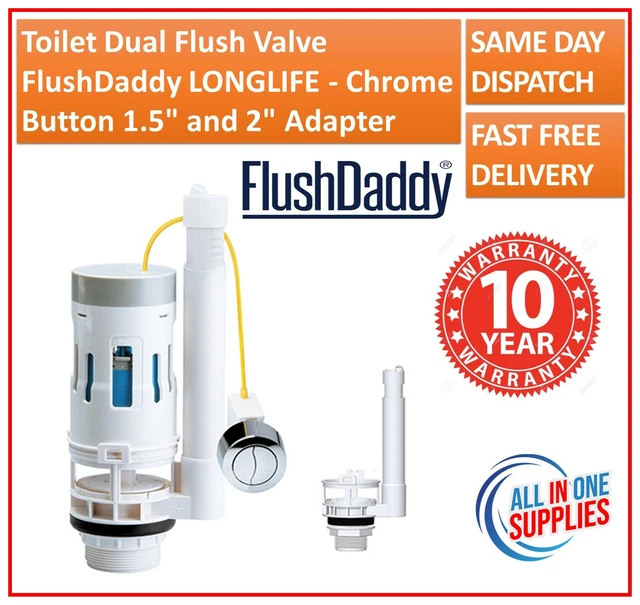 TOILET DUAL FLUSH Valve FlushDaddy LONGLIFE Chrome Button 1.5" and 2