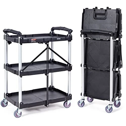 Foldable Utility Service Cart, 3 Shelf 165LBS Heavy Duty Plastic Rolling Cart