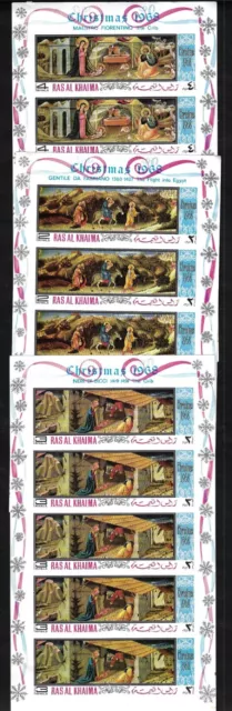 Uae 1968 Ras Al Khaima Christmas Ausgabe IN 3 Voll Imperf Kleinbogen Of 5 Set Nh