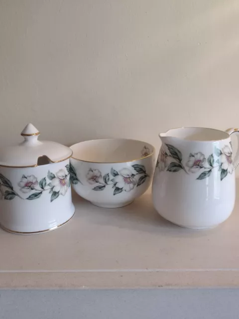 Vintage Crown Staffordshire "Wild White Roses". Lidded Jam Pot, Sugar Bowl, Jug