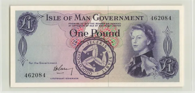 ISLE OF MAN 1 Pound 1961, P-25a Garvey, 462084, Pressed AU, QEII Banknote.  A7