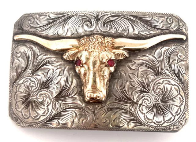 Antique Sunset Trails John McCabe Bull Belt Buckle Sterling Silver & 10k Gold