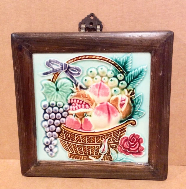 Framed Japanese Tile Fruit Basket, Pomegranates, Grapes, Rose, 1920s, Japan