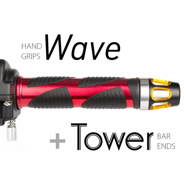 KiWAV Motorcycle Wave Grips Red with Tower Bar Ends Gold/Silver