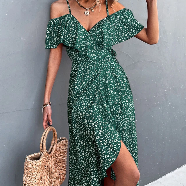 Robe Femme Boho Bohème Blanc Vert Motif à Fleurs sans Manches Été 18695