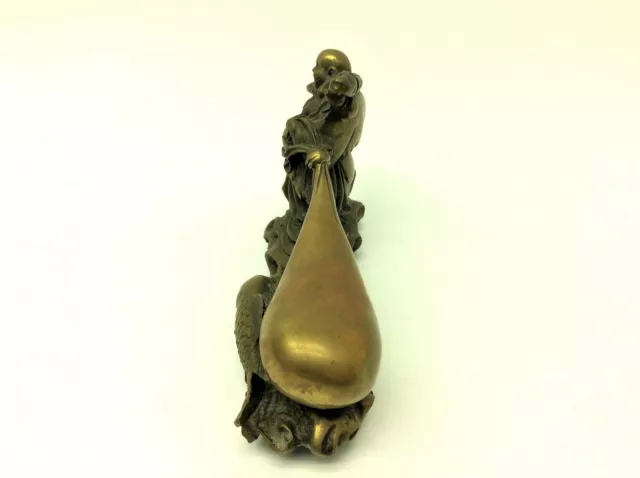 Vintage Happy Buddha Money Bag Wealth Figure Fish Solid Brass Metal 2