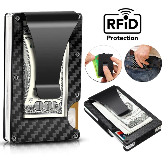 RFID Blocking Carbon Fiber Minimalist Money Clip Front Pocket Mens Wallet