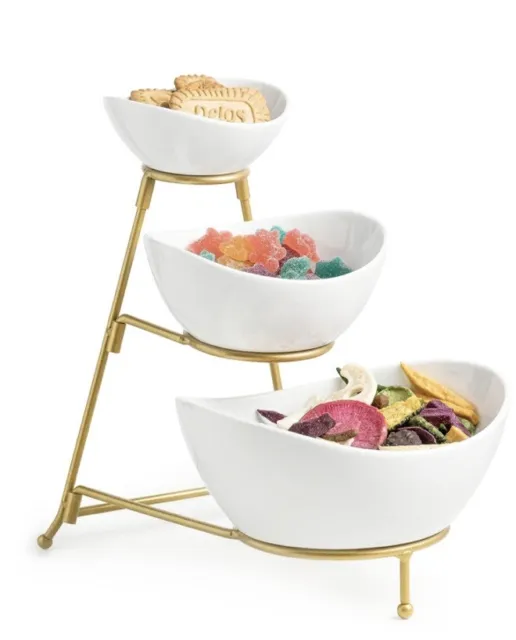 3 Tier Oval Bowl Set with Metal Rack, Ceramic Fruit Bowl Serving, Tiered Serv...