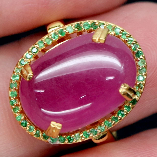 11 X 16 Mm. Oval-Cabochon Rot Rubin & Tsavorite-Garnet Ring 925 Silber